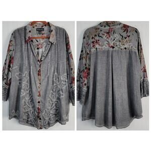 Gretty Zueger Floral Embroidered Lace Bell Sleeve Button Up Top sz 1X gray boho